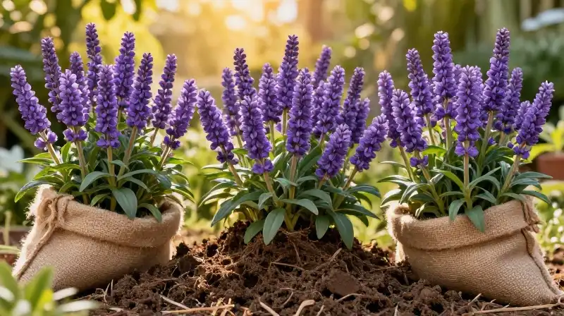 Striking purple liatris emerge from freshly dug soil in golden sunlight