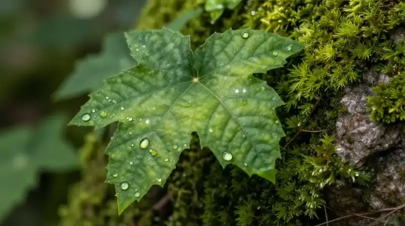 Lush plant thrives on mossy rock under soft, dappled light