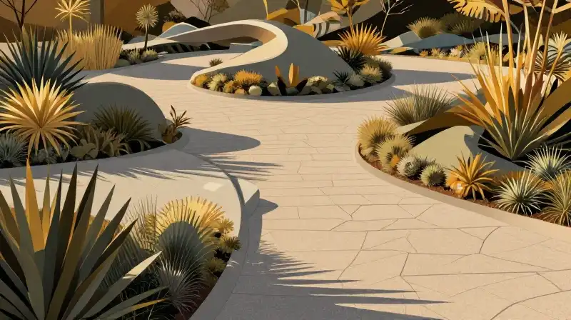 A stylized garden features geometric paths bathed in dramatic golden light