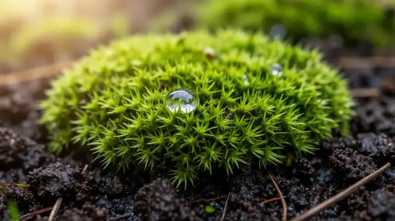 Glowing green moss and dark earth hold glistening water droplets