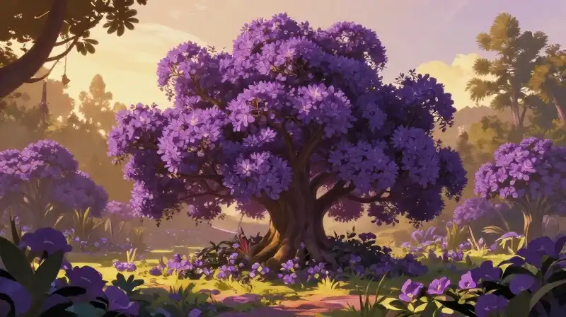 Majestic purple blooms thrive in a dreamy, golden garden