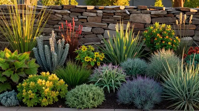Colorful xeriscape garden against a rustic stone wall in warm golden light