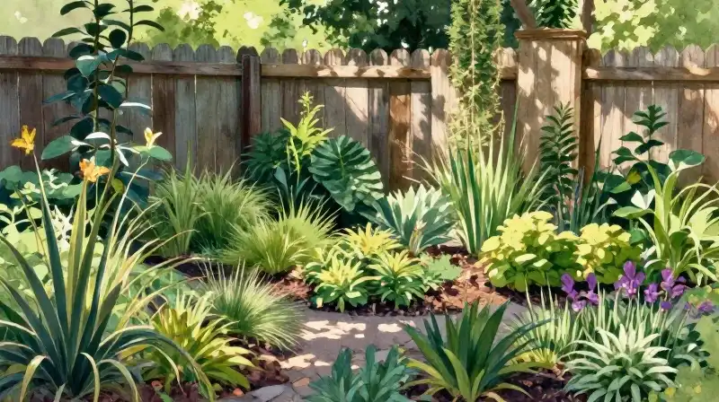 Vibrant garden full of diverse plants behind a weathered wooden fence