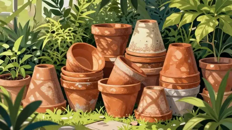 Lush greenery grows from stacked terracotta pots under dappled sunlight