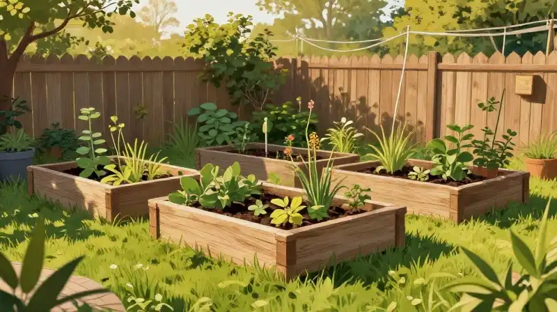 Whimsical rustic garden beds sit on lush green grass under golden light