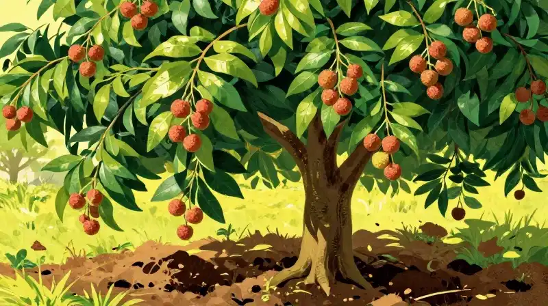 A lush lychee tree bathed in bright golden sunlight amidst vibrant green foliage