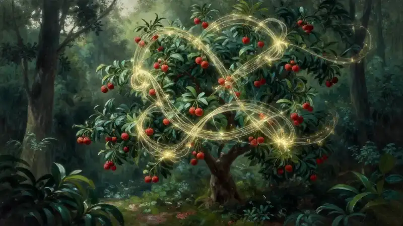 Glowing energy wraps a lychee tree within a dense, humid forest