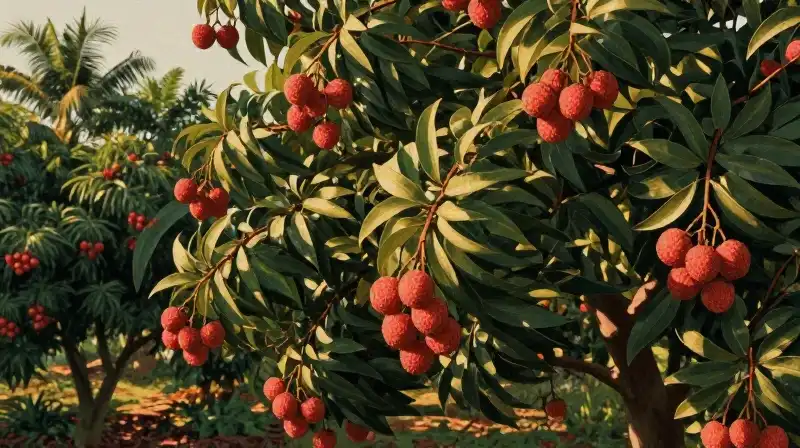 Vibrant red lychees hang from a lush, sunlit tropical tree