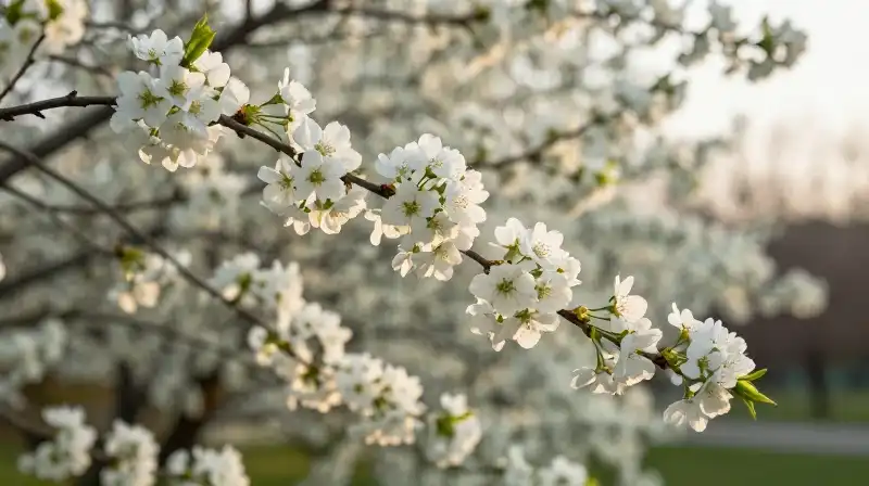 White blossoms on a branch glow in the golden spring garden