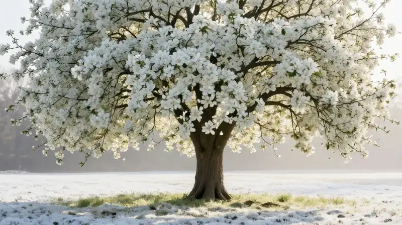 Majestic apple tree covered in dense white blossoms stands in soft spring snow under morning light