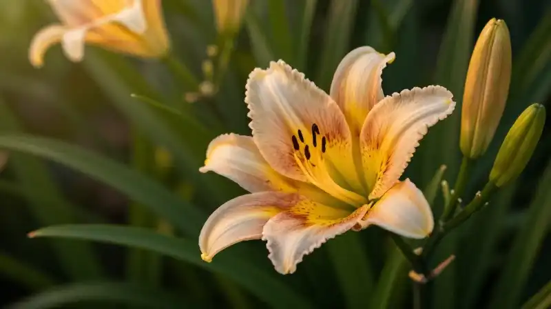Striped mariposa lily glows richly amid vibrant green foliage