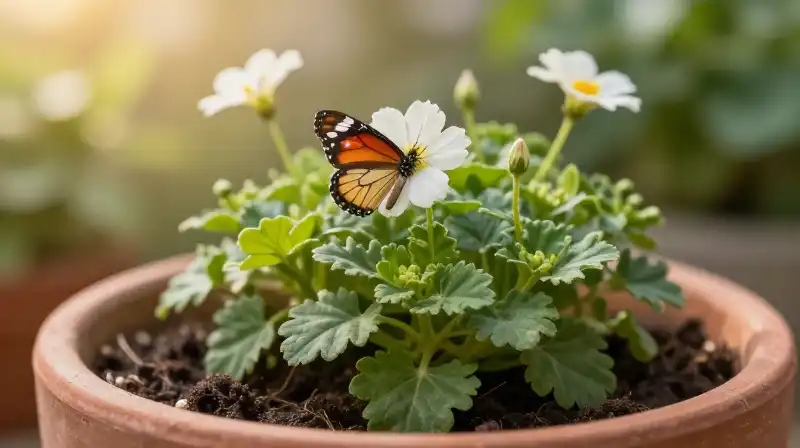 A delicate flower rests in a terracotta pot amidst lush green foliage during a golden hour glow
