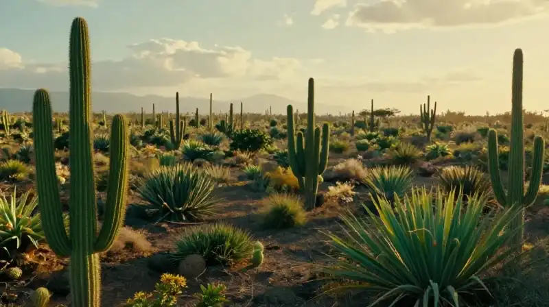 Lush green oasis contrasts with dry cacti in golden light