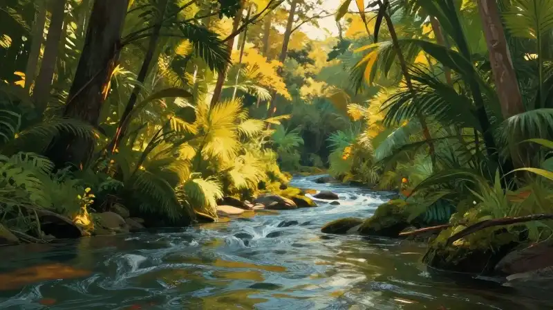 Lush riverbanks glow with vibrant life under golden hour light