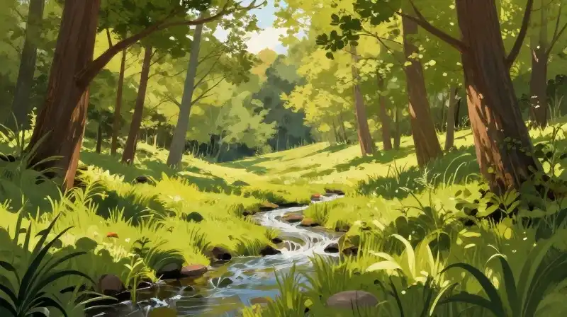 Lush meadow and flowing creek under warm, dappled sunlight