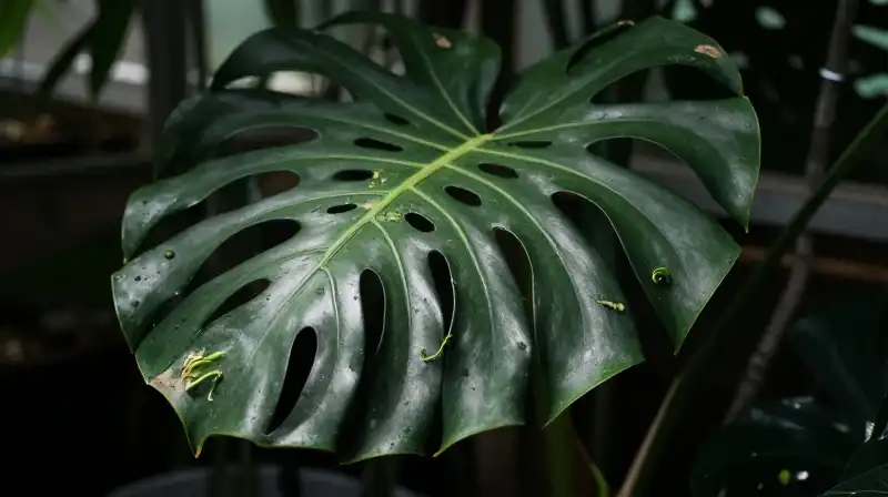 A distressed, curling monstera leaf is struck by harsh sunlight