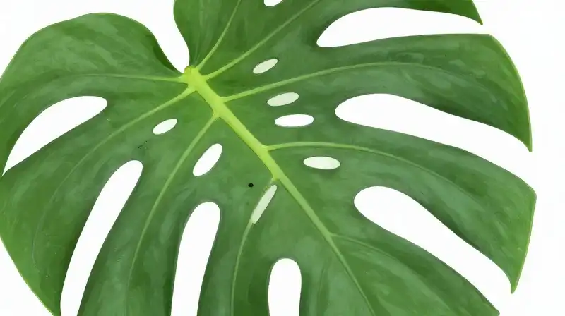 Curled Monstera leaf featuring intricate, stylized pest damage
