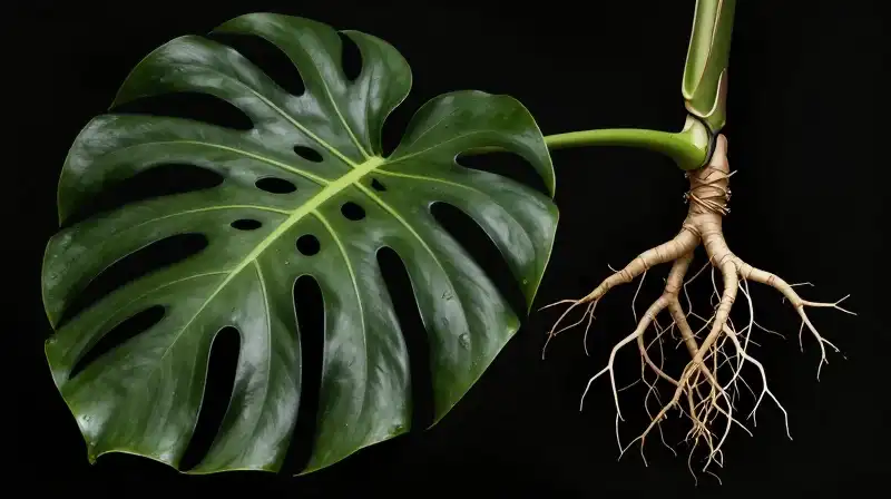 Intricate, shadowed monstera leaf caught in dramatic, focused light