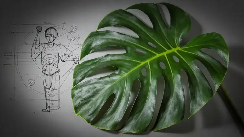 A curling monstera leaf detailed with intricate scientific schematics