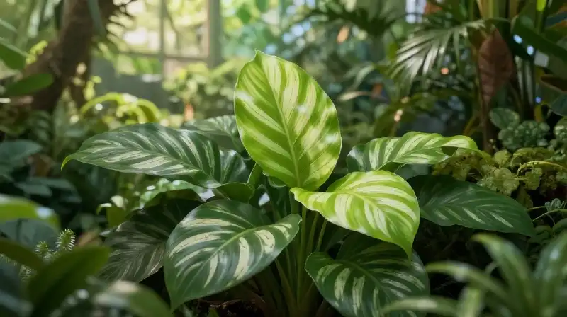 Vibrant green plants thrive in a humid, sunlit tropical greenhouse
