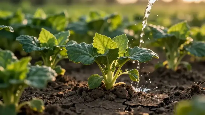 A green Pileas plant grows from cracked earth under warm golden light