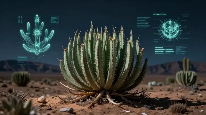 Desert flora illuminates a glowing structured data visualization