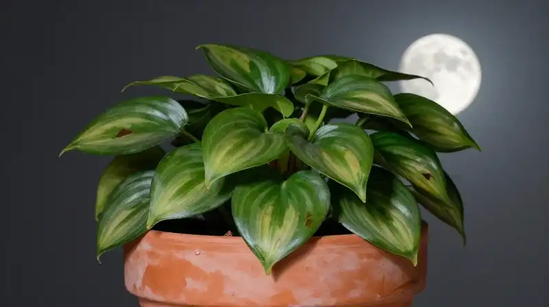 Pilea with discolored leaves rests in a pot under soft moonlight
