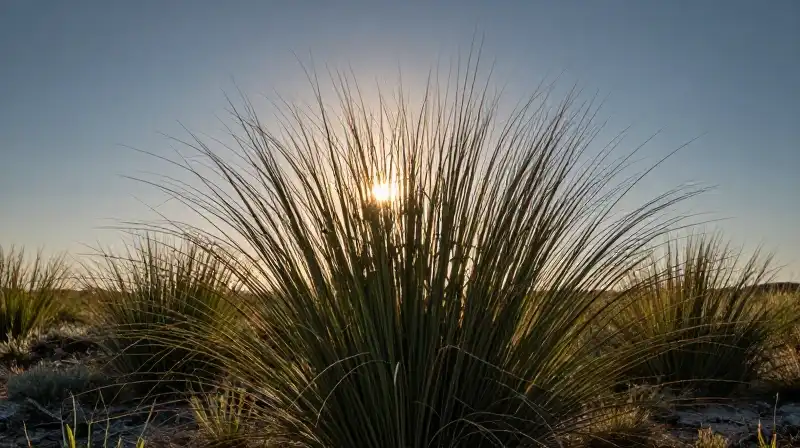 Thin coastal grass glows dramatically in the golden sunset light