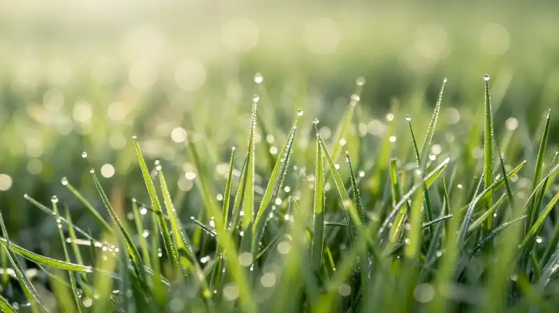 Green grass covered in sparkling dew bathed in soft morning sunlight