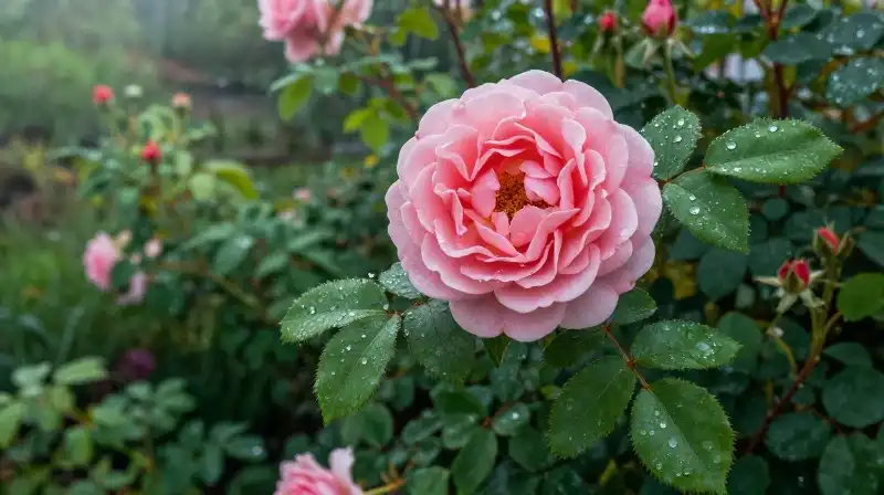 A vibrant rose with dewy leaves in a lush garden at dawn