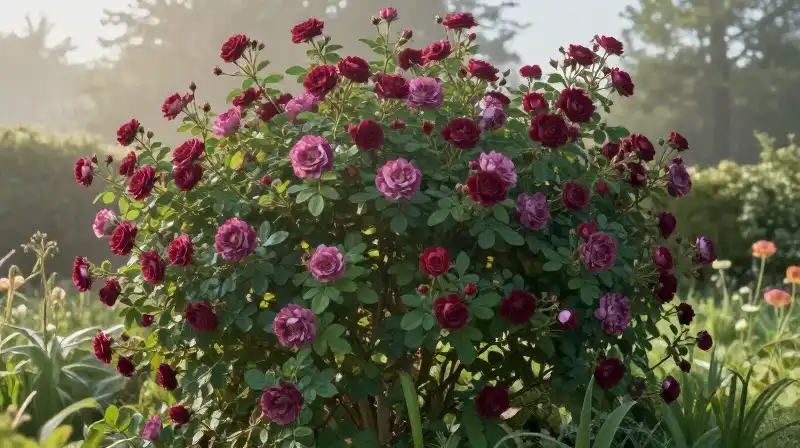 Delicate dark roses bloom within a misty, softly sunlit garden