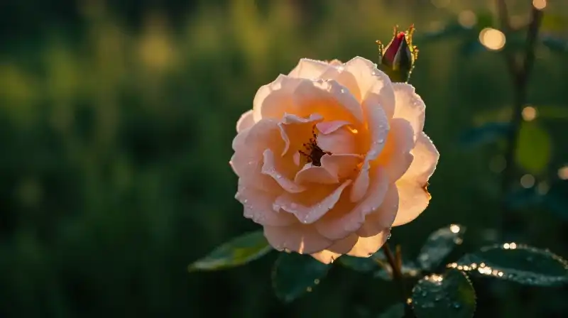 Dew-kissed rose sparkles in dramatic golden hour light