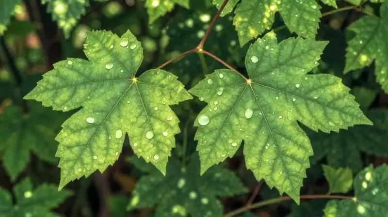Glistening dew covers vibrant myrtle leaves in a sun-dappled forest