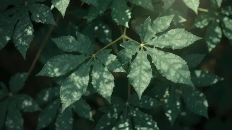 Detailed myrtle foliage glows softly amidst dappled forest shadows