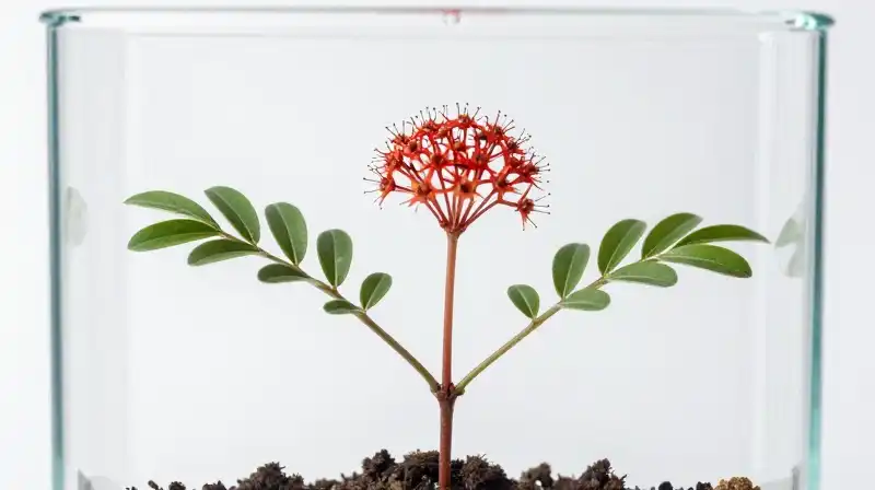 A detailed, stressed Nandina plant sits inside a bright, clinical glass terrarium