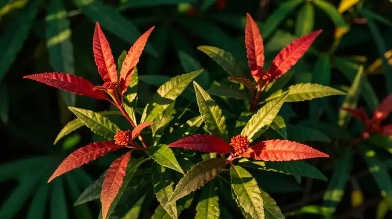 Vibrant crimson and emerald foliage glows in the dramatic golden hour sunlight