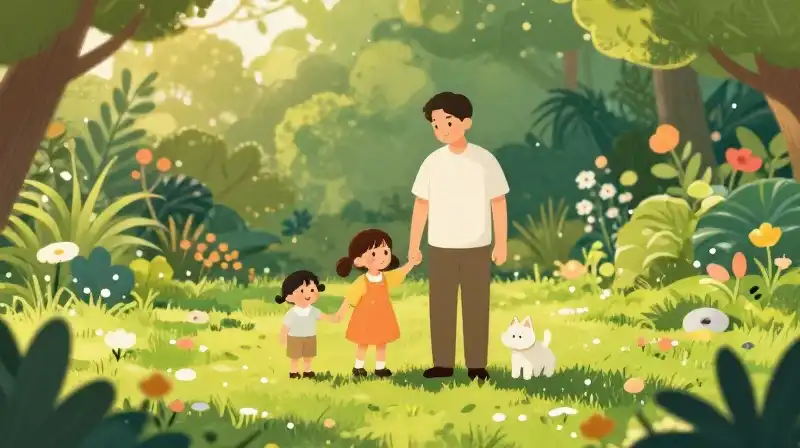 A joyful family and pet enjoy a vibrant, glowing golden garden