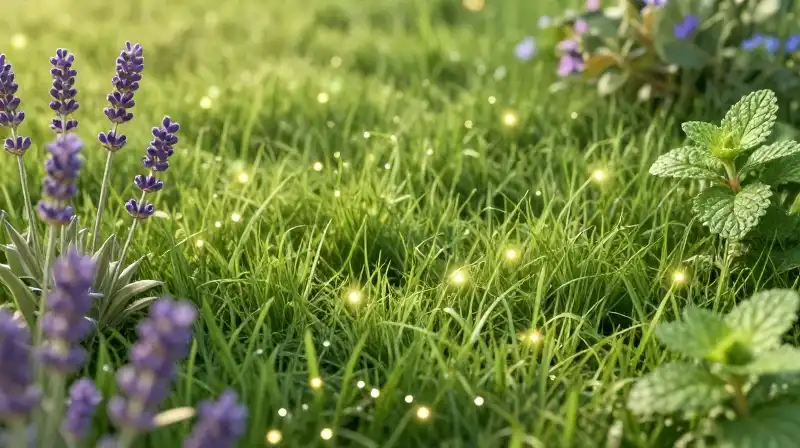 A detailed green lawn features glowing lavender, peppermint, and soft golden light