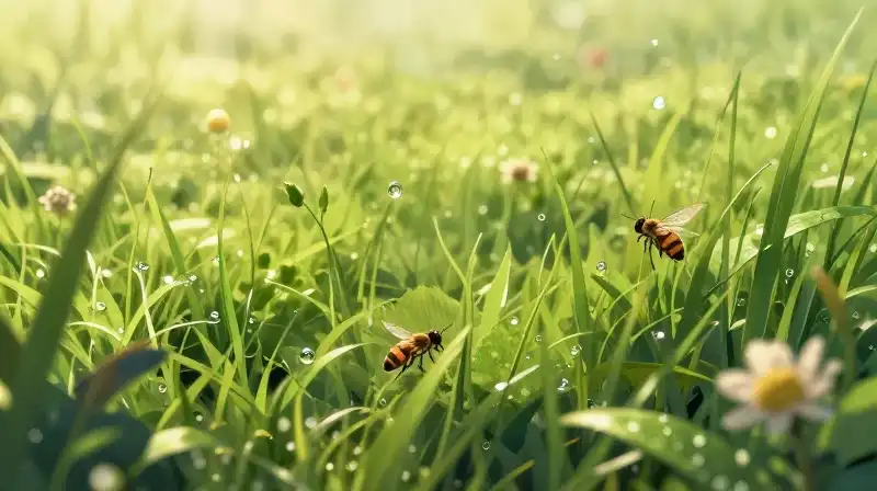 Golden hour illuminates mossy green lawn and tiny pollinators