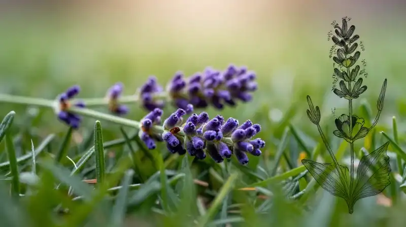 Intricate lavender sprigs thrive in a misty golden green setting