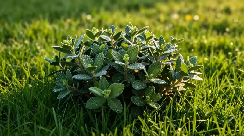 A dew-kissed lemongrass bush stands amidst a lush, sunlit green lawn