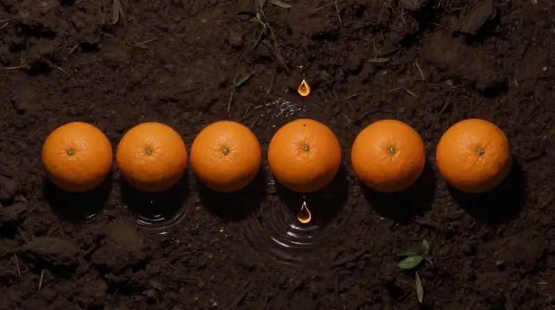 Water droplets rhythmically strike a bright orange on dark soil