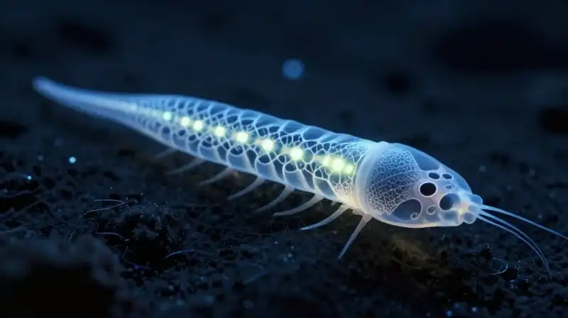 A glowing, translucent worm floats in a dark, intricate microscopic environment