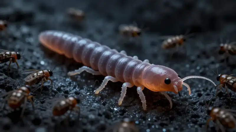 A microscopic hunter dominates a swarm of fleas in darkness