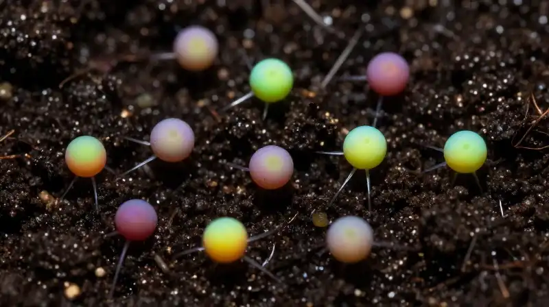 Glowing vibrant worms and tiny fleas move in dark, rich soil