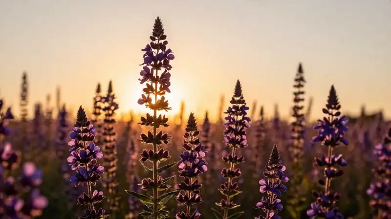 Deep purple ironweed blooms stand dramatically in a golden autumn field