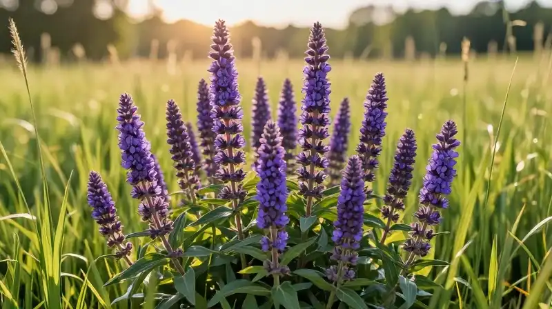 Vibrant purple blossoms thrive in a sun-drenched golden meadow