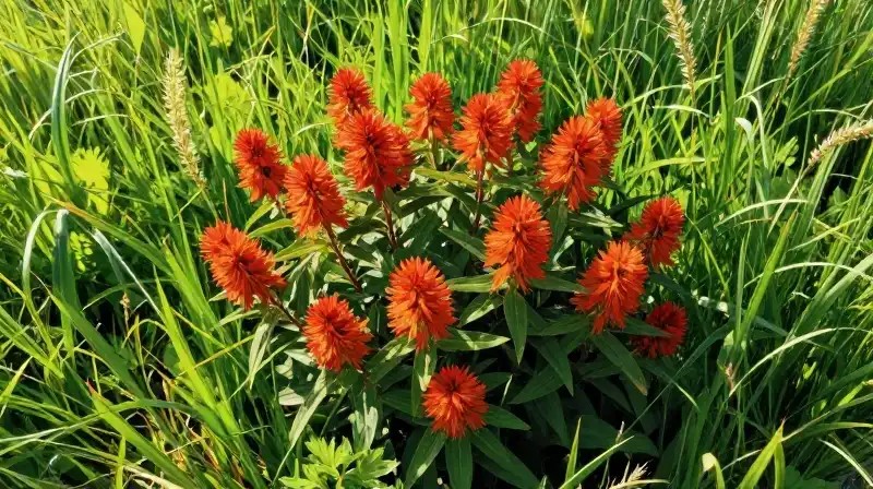 Vivid ironweed blooms amongst rich, sun-dappled meadow grasses