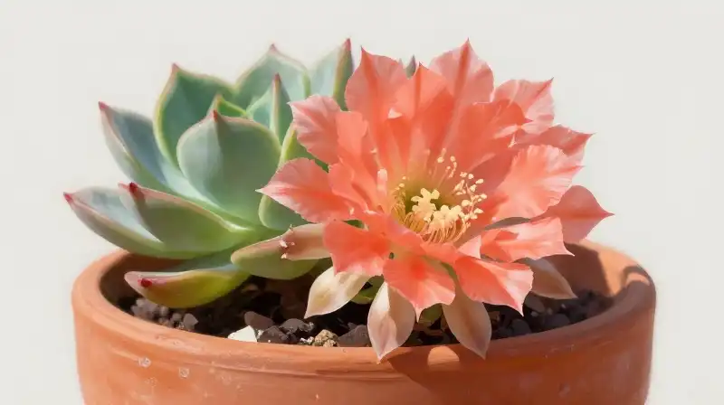 Vivid coral bloom rests in an aged, sunlit terracotta pot