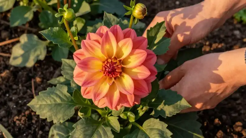 Hands nurture a vibrant dahlia under dramatic golden hour light